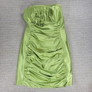 VTG Satin Formal Dress Large Lime Green Strapless Ruched Cocktail Evening Party